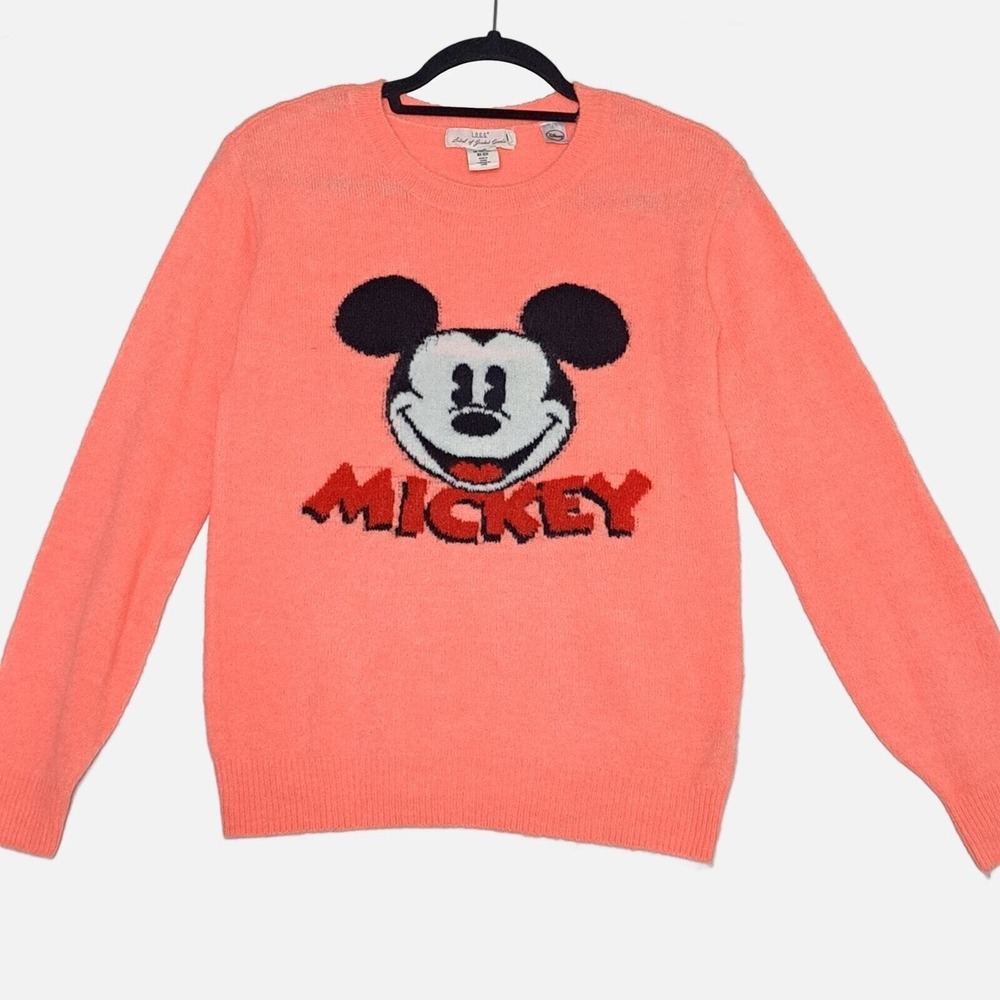 LOGG Mickey Mouse Sweater Sz XS Neon Orange Long Sleeve Pullover Wool Blend